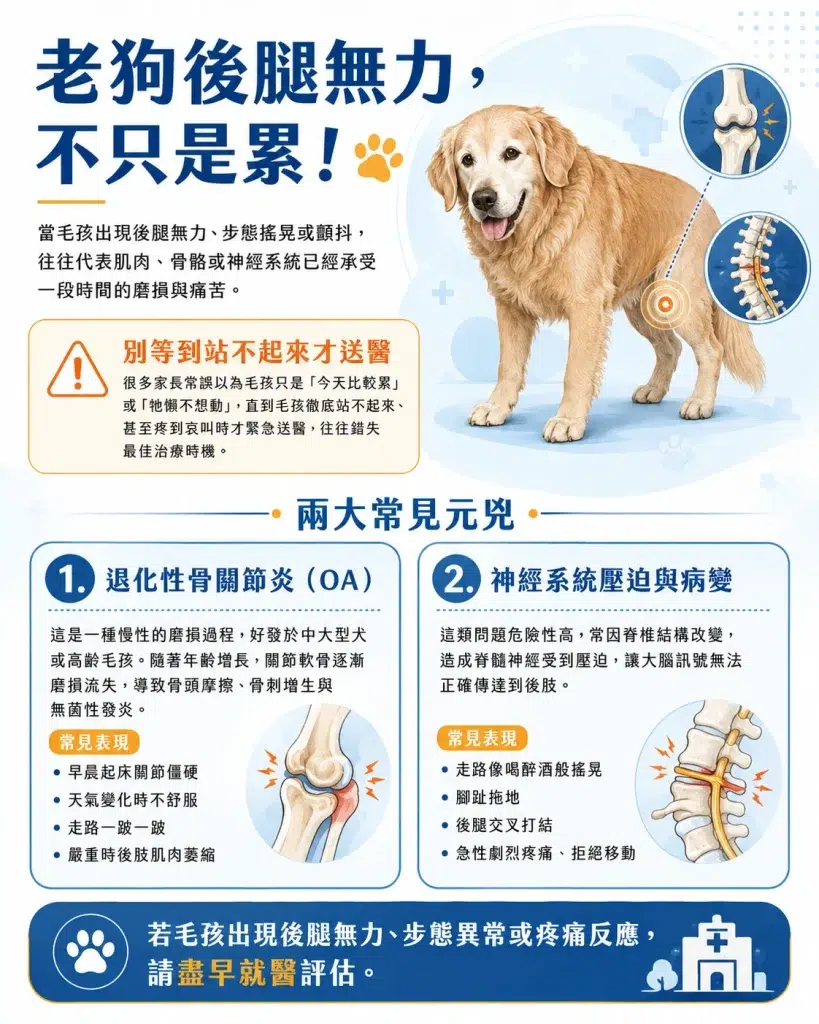 狗狗後腿無力、走路會抖怎麼辦?亞幸中獸醫解析關節退化與狗狗椎間盤突出,用寵物針灸與四級雷射助毛孩重新站起 1 老狗後腿無力警示與說明